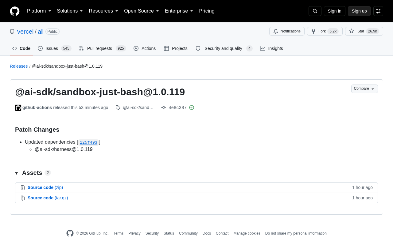 Vercel AI SDK Releases sandbox-just-bash 1.0.119 Patch Update