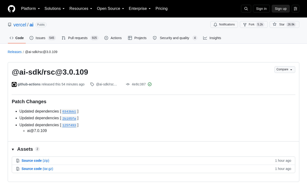 Vercel AI SDK 发布 @ai-sdk/rsc@3.0.109 补丁更新
