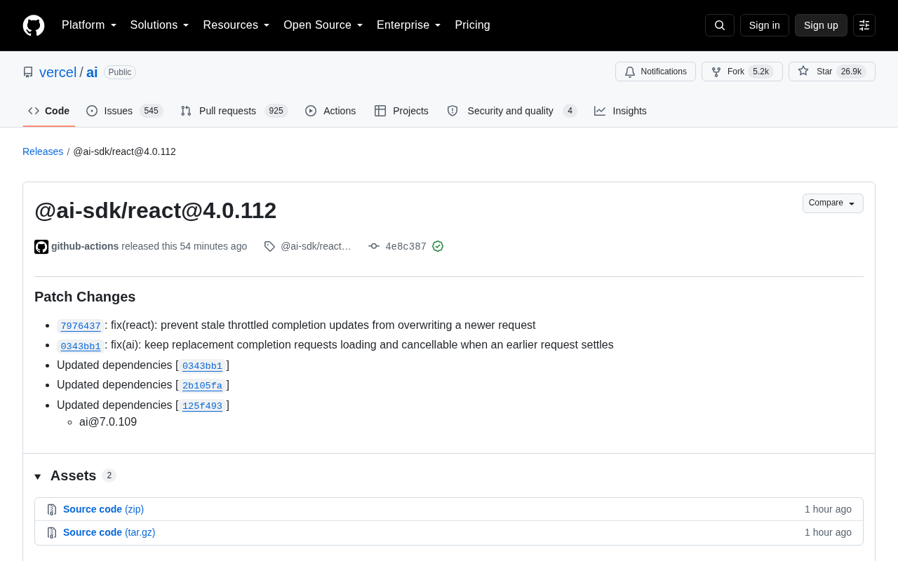 Vercel AI SDK 更新:修复 React 补全请求竞态问题