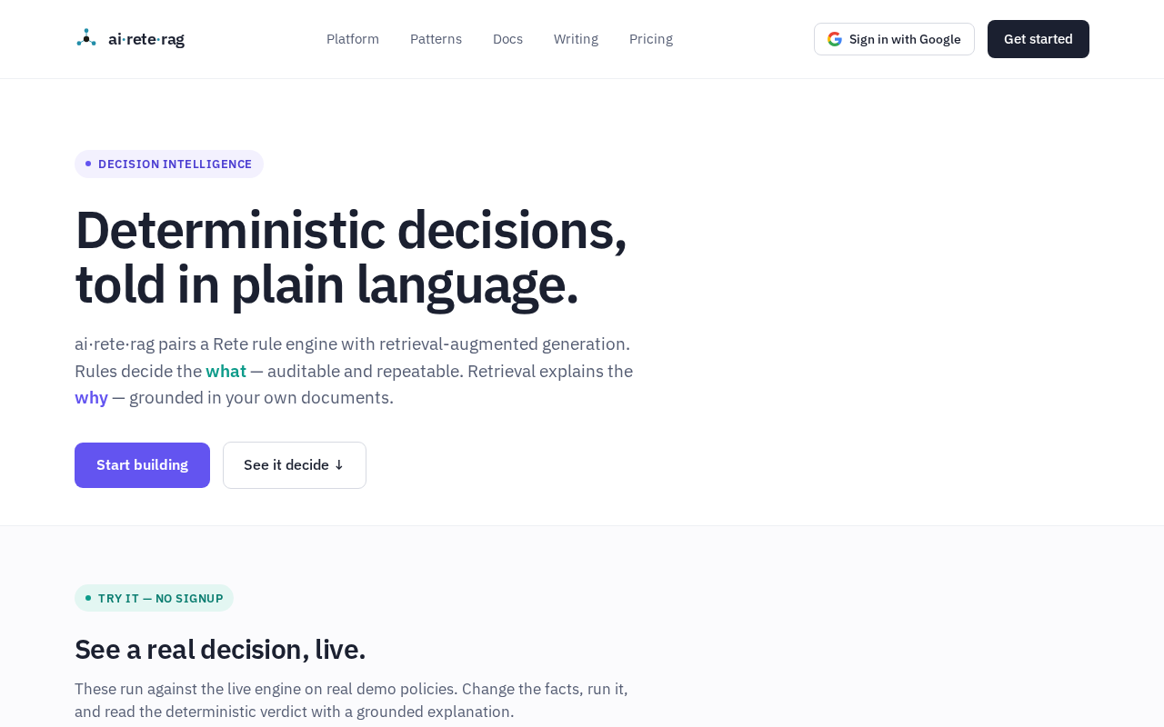 AI·rete·RAG: Deterministic Decisions via Rete Rules Engine, Explanations via RAG