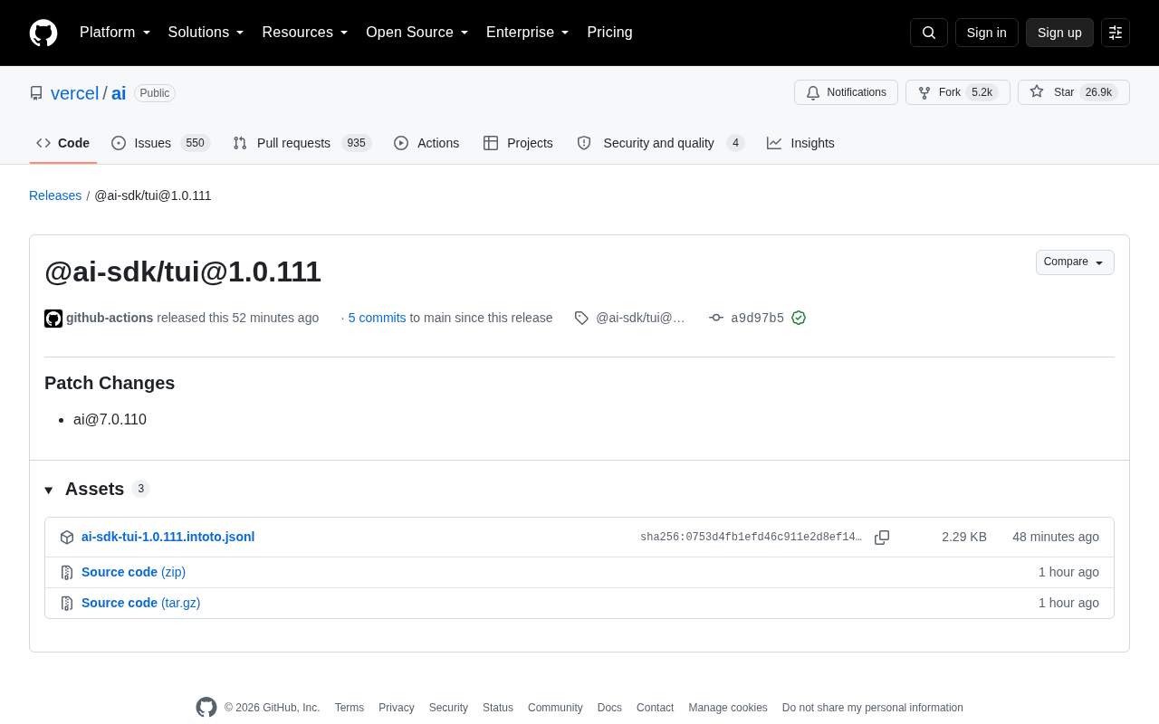 Vercel AI SDK Releases @ai-sdk/tui 1.0.111 Patch Update