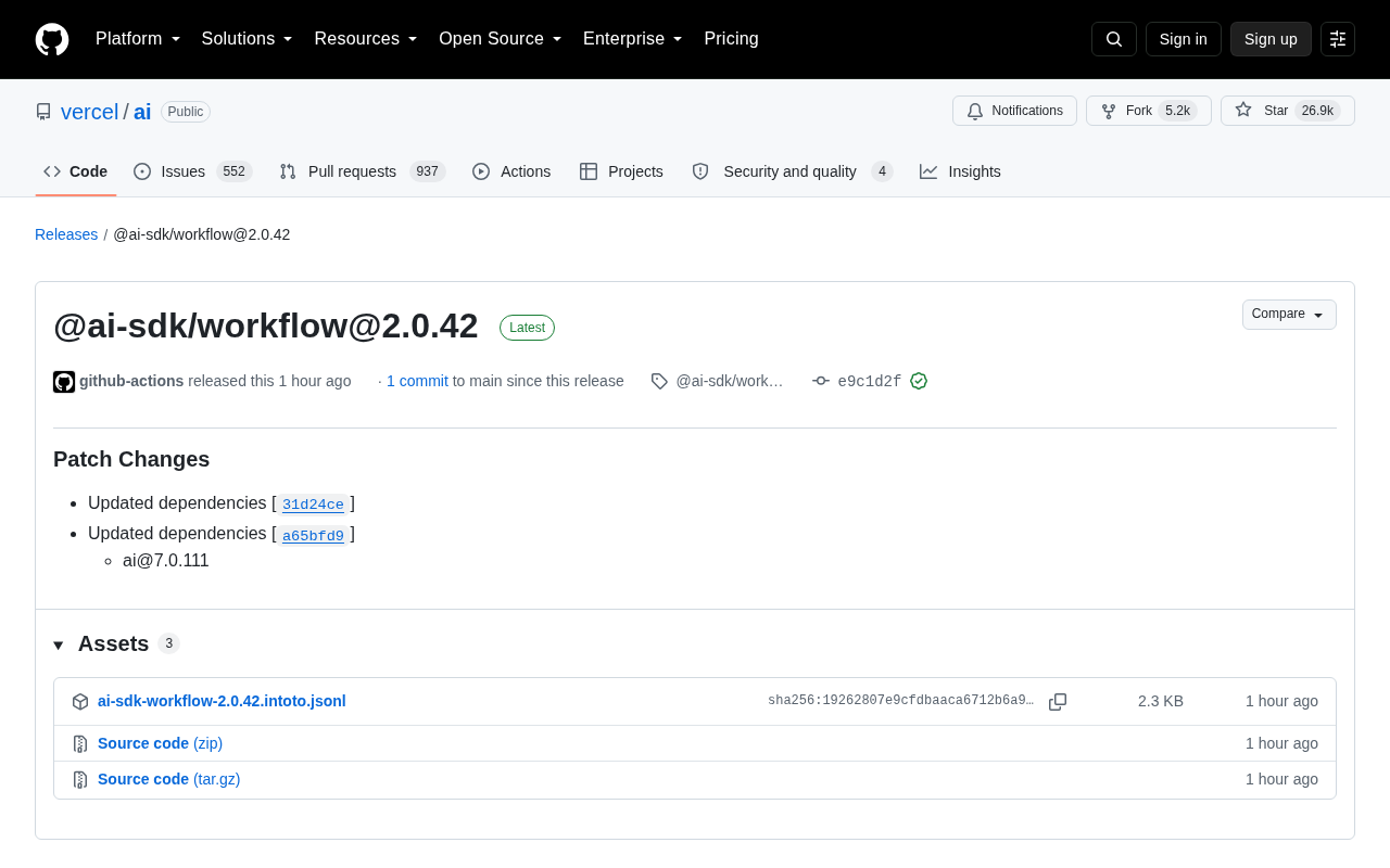 Vercel AI SDK Releases @ai-sdk/workflow@2.0.42 Patch Update