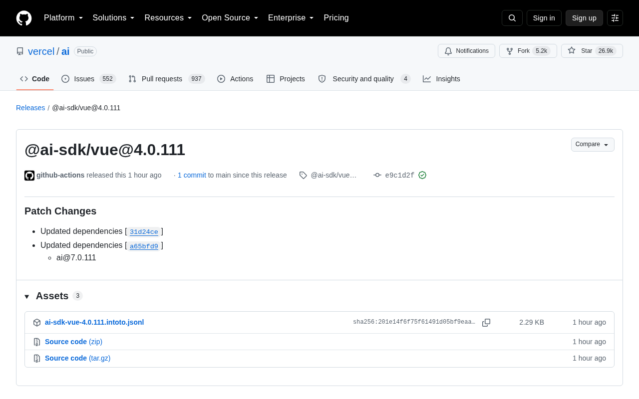 @ai-sdk/vue 4.0.111 Released: A Dependency-Update Patch