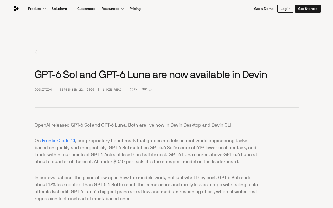 GPT-6 Sol与Luna登陆Devin:成本骤降的编程新模型