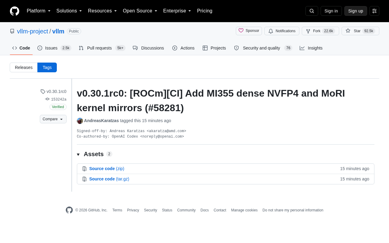 vLLM v0.30.1rc0发布:新增AMD MI355 NVFP4与MoRI内核支持