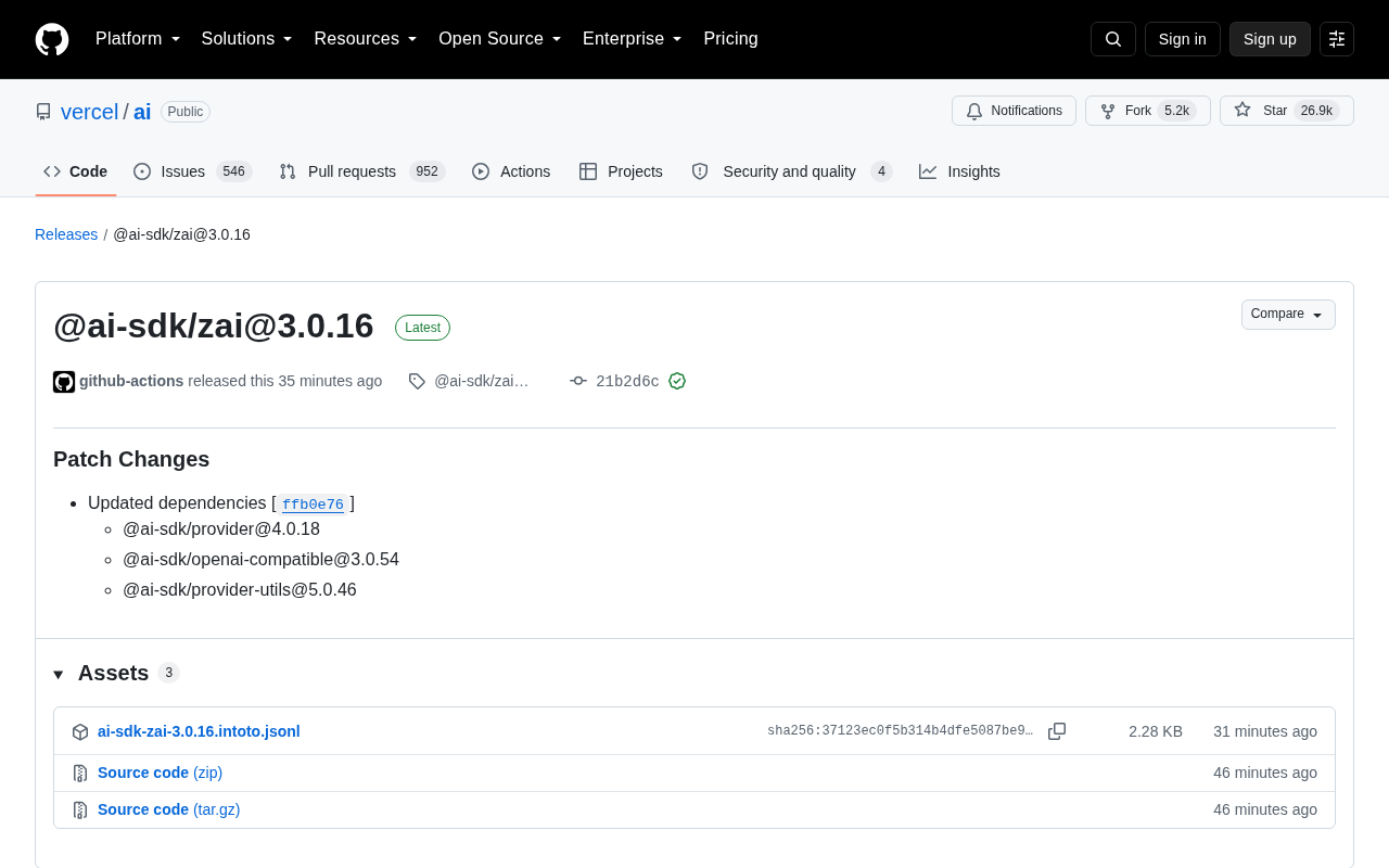 Vercel AI SDK Releases @ai-sdk/zai@3.0.16 Patch Update