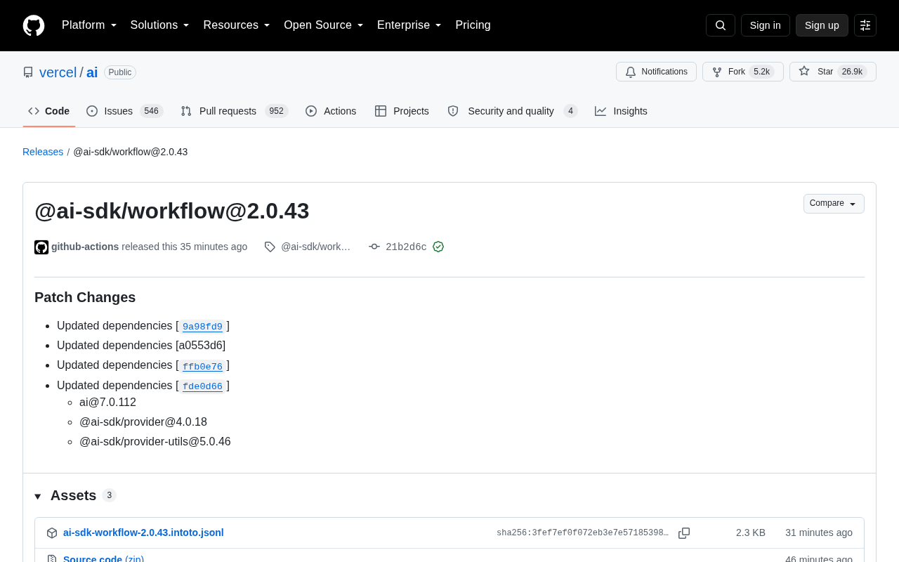 Vercel AI SDK 发布 @ai-sdk/workflow 2.0.43 补丁更新