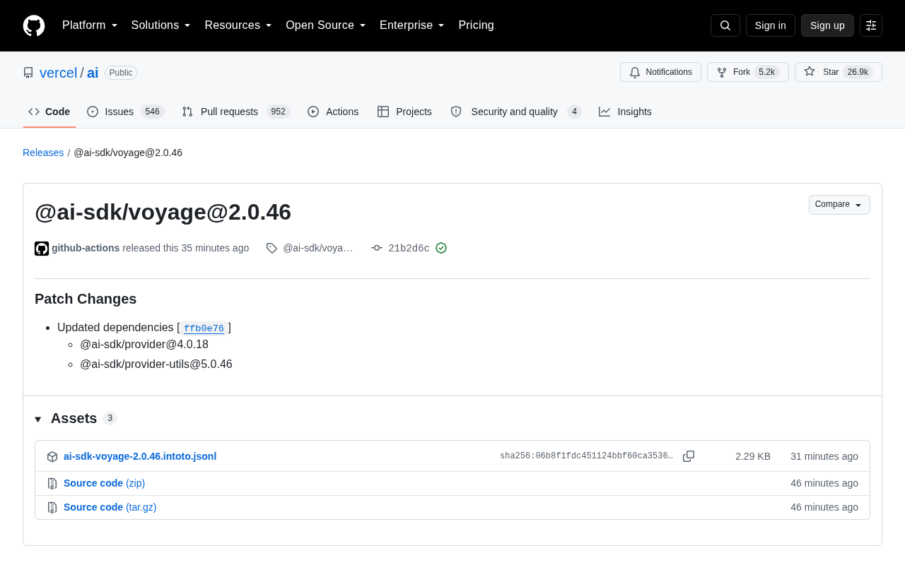 @ai-sdk/voyage 2.0.46 发布:依赖更新的补丁版本