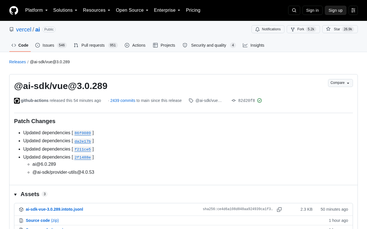 Vercel AI SDK 发布 @ai-sdk/vue@3.0.289 补丁更新