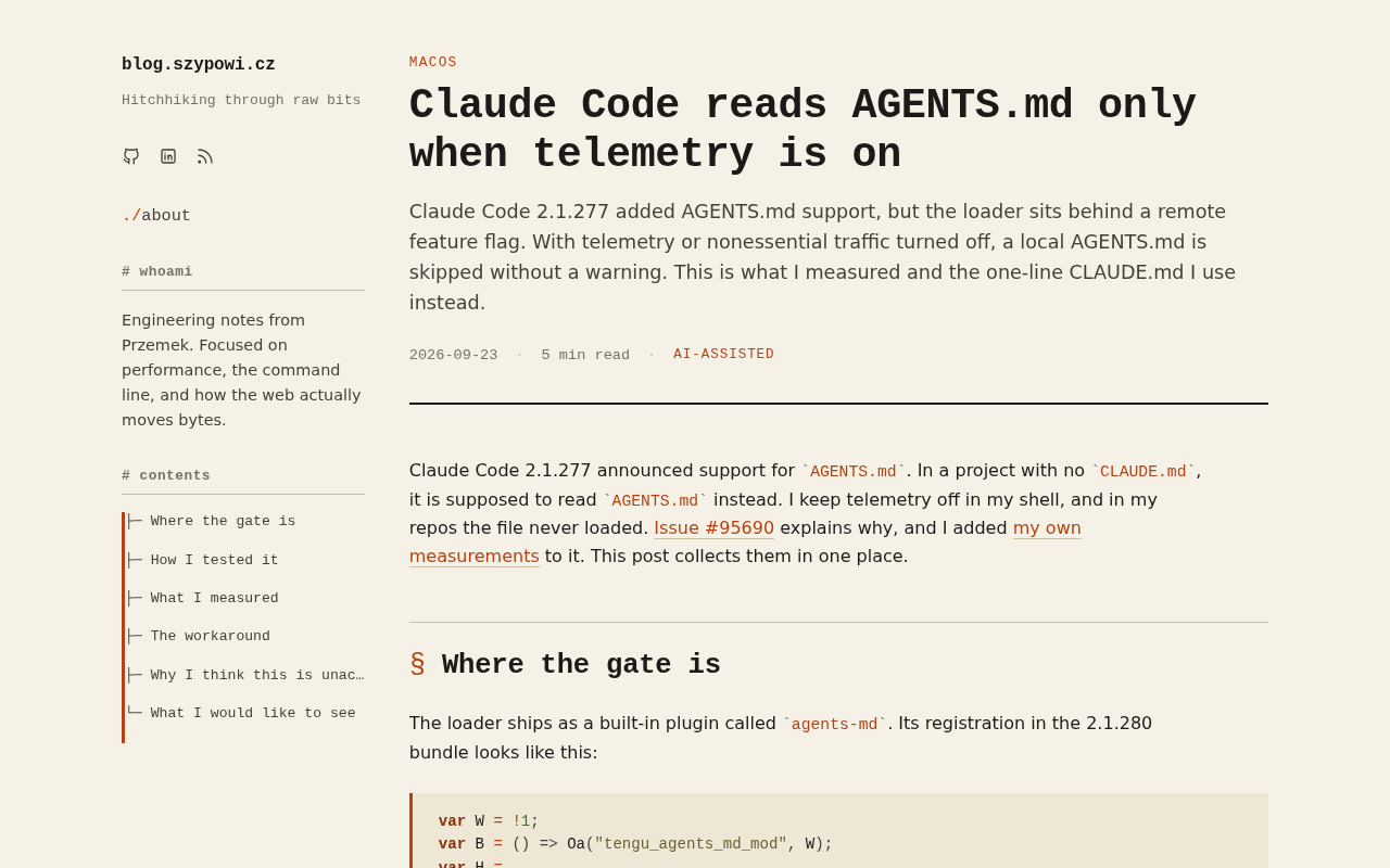 Claude Code 疑似仅在开启遥测时读取 AGENTS.md