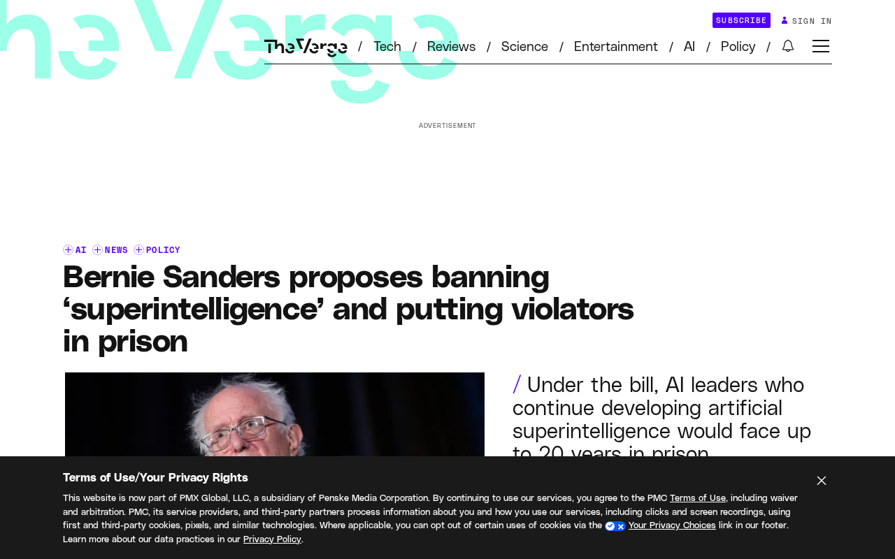 Sanders Proposes Legislation to Ban 'Superintelligence,' with Up to 20 Years in Prison for Violations