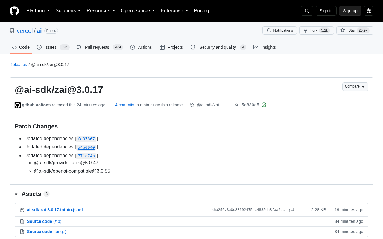 @ai-sdk/zai@3.0.17 发布:Vercel AI SDK 补丁更新解析