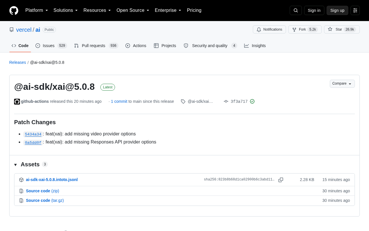 Vercel AI SDK 更新 @ai-sdk/xai 5.0.8:补齐视频与 Responses API 选项