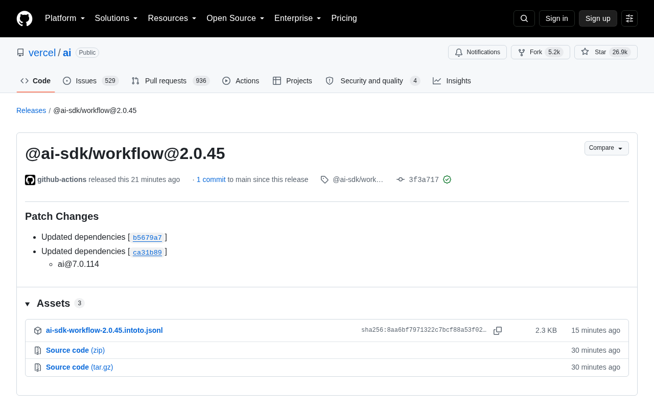Vercel AI SDK 发布 @ai-sdk/workflow 2.0.45 补丁更新
