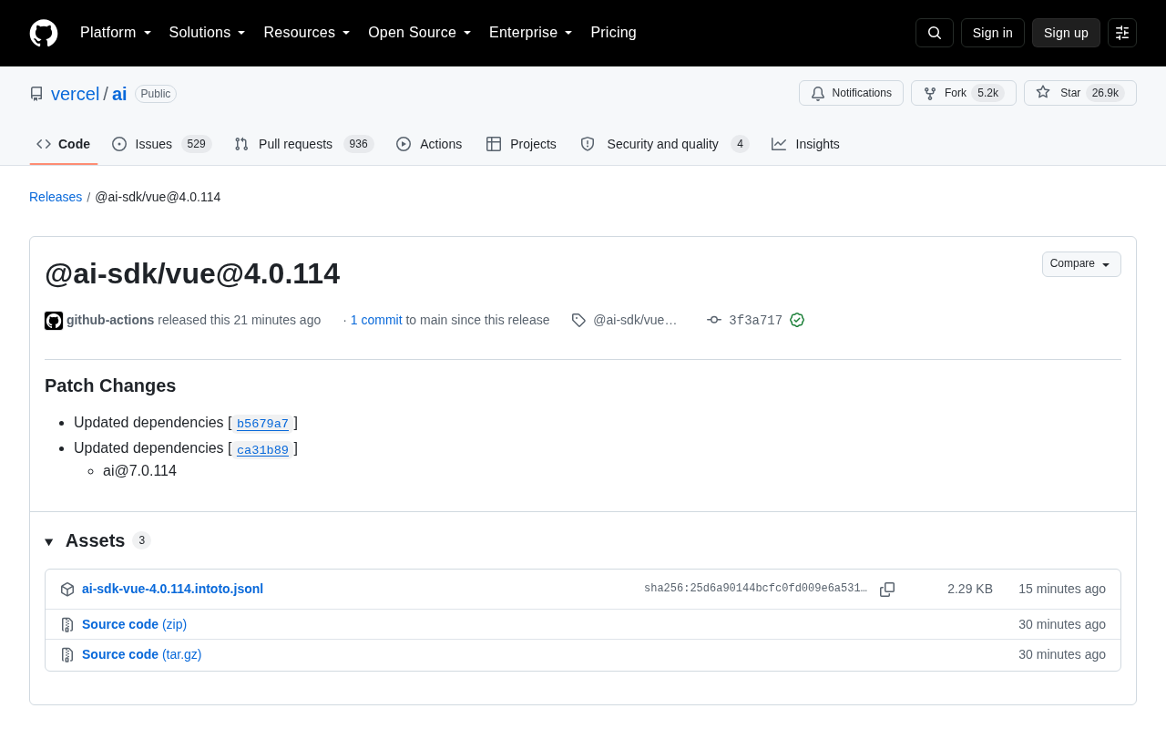 Vercel AI SDK Vue 4.0.114 Released: Dependency Update Overview
