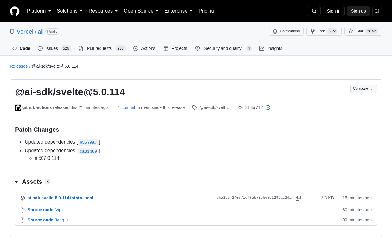 @ai-sdk/svelte 5.0.114 发布页面
