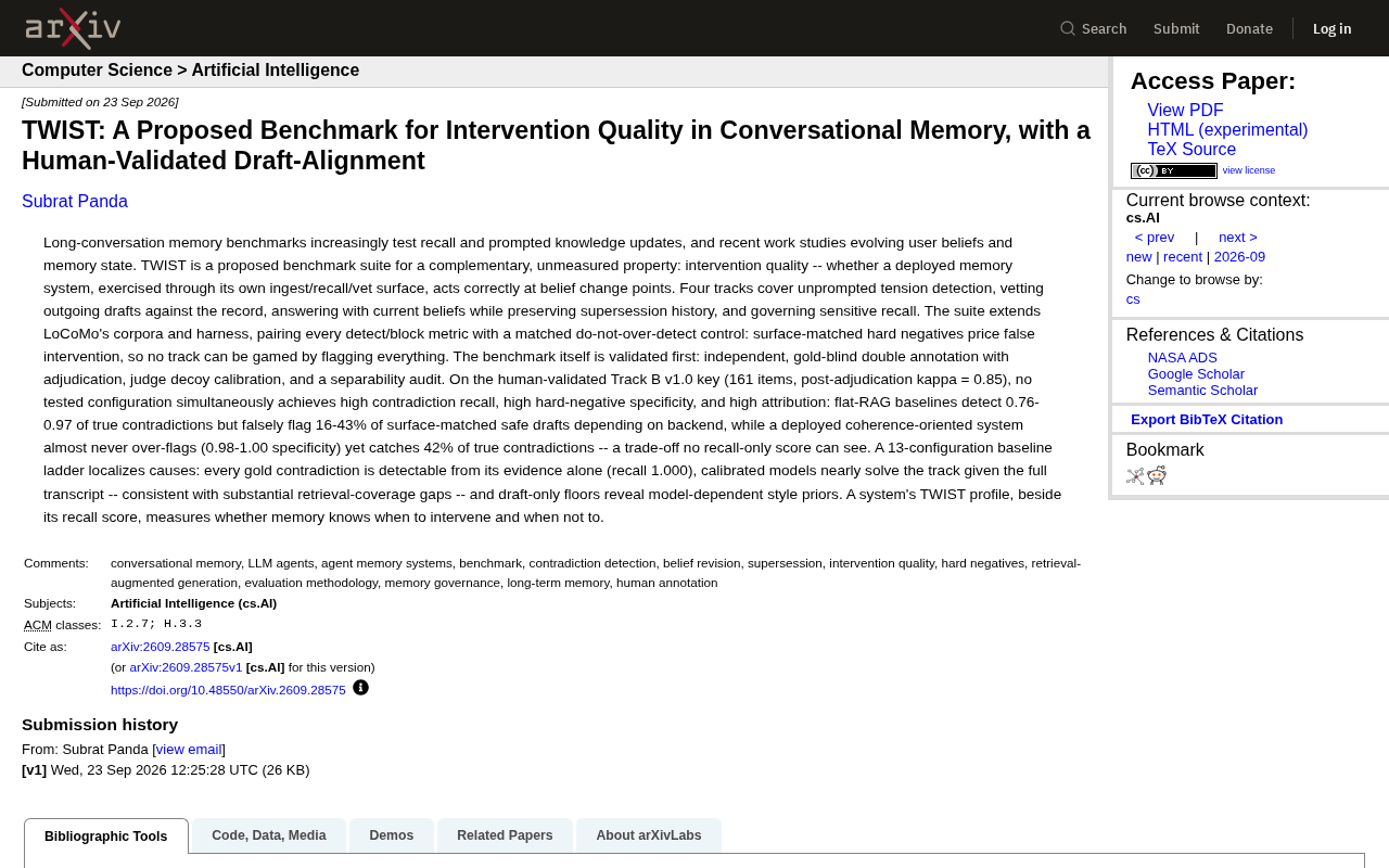 TWIST Benchmark: Evaluating the "Intervention Quality" of Conversational Memory Systems