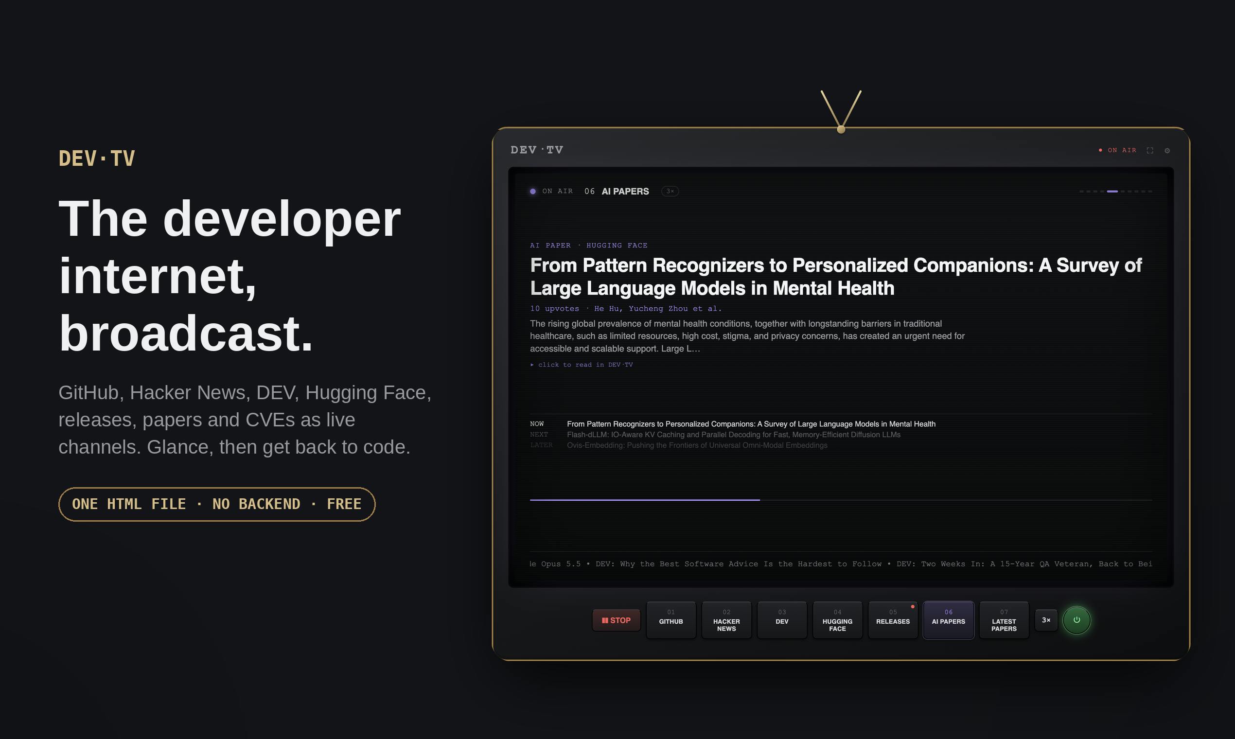 DEV·TV: Turn GitHub and HN into a 10-Channel Retro Developer Television