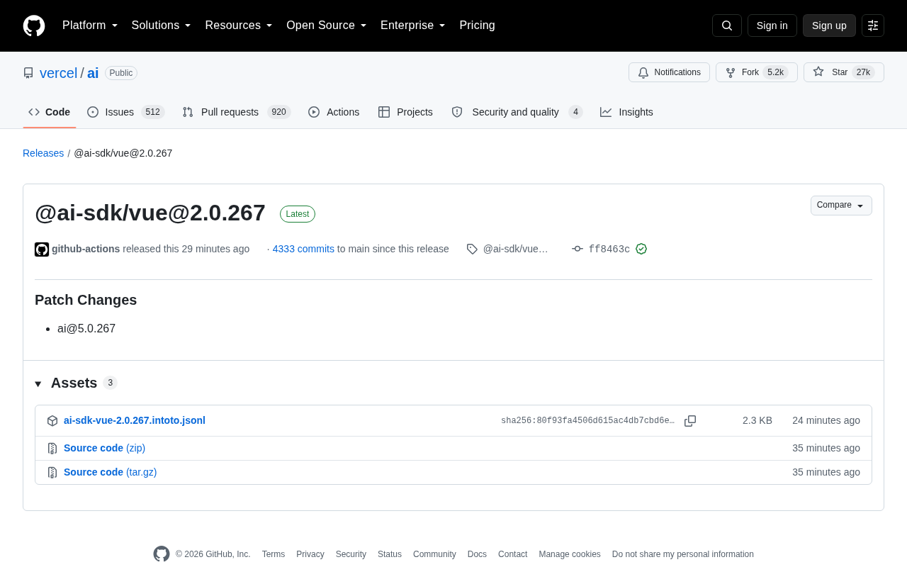 Vercel AI SDK 发布 @ai-sdk/vue@2.0.267 补丁更新