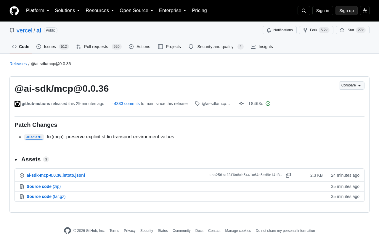 @ai-sdk/mcp@0.0.36 发布:修复 stdio 传输环境变量问题