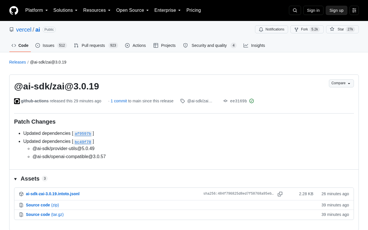 Vercel AI SDK 发布 @ai-sdk/zai@3.0.19 补丁更新