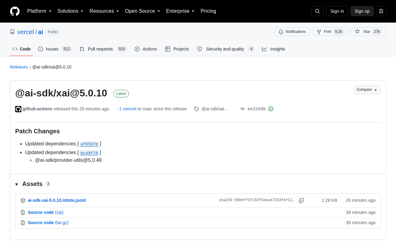 Vercel AI SDK 发布 @ai-sdk/xai@5.0.10 补丁更新