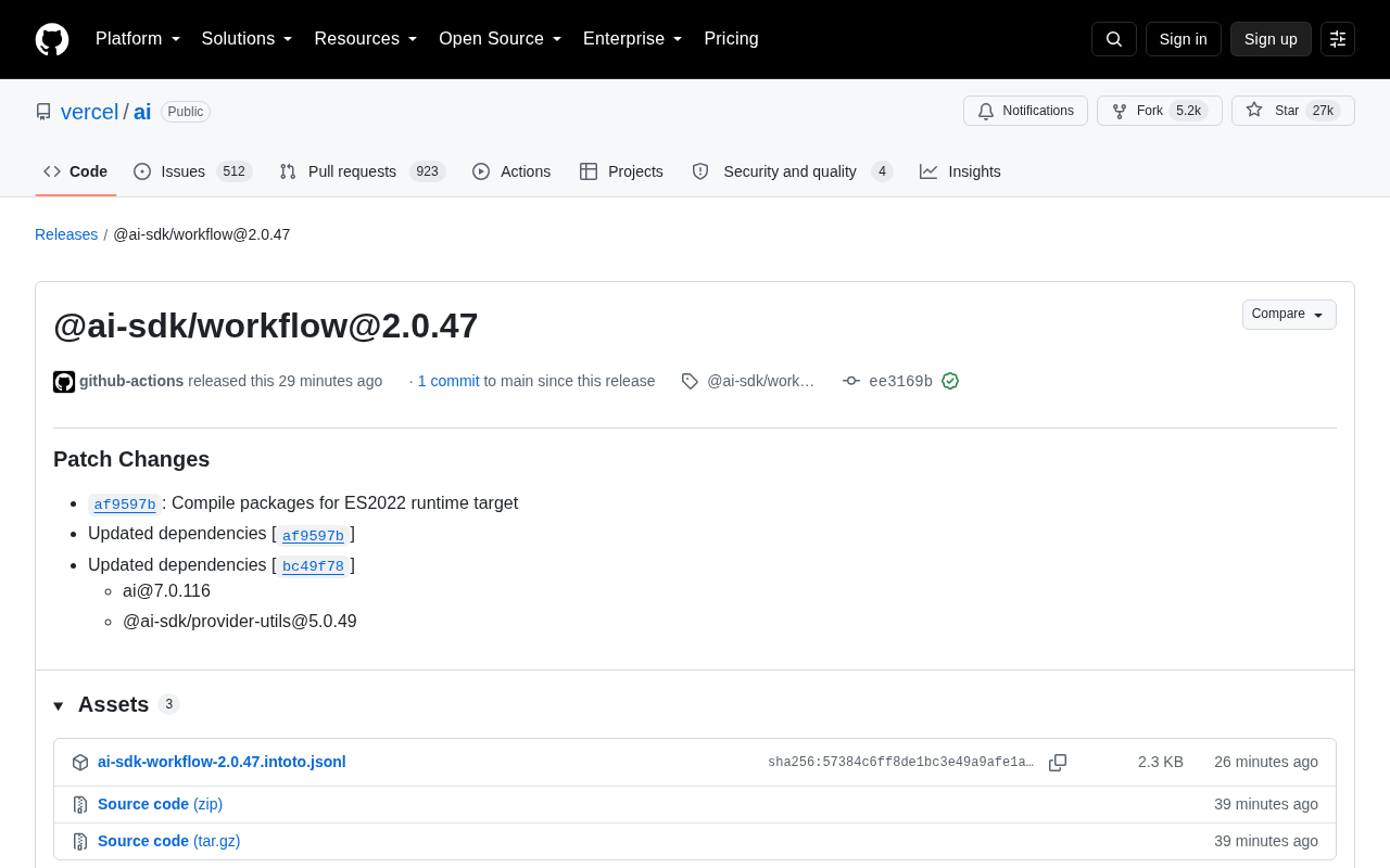 Vercel AI SDK Update: @ai-sdk/workflow 2.0.47 Released