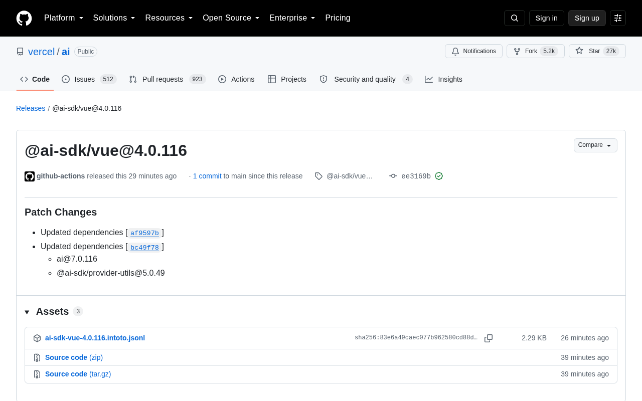 @ai-sdk/vue 4.0.116 Released: Dependency Update Patch