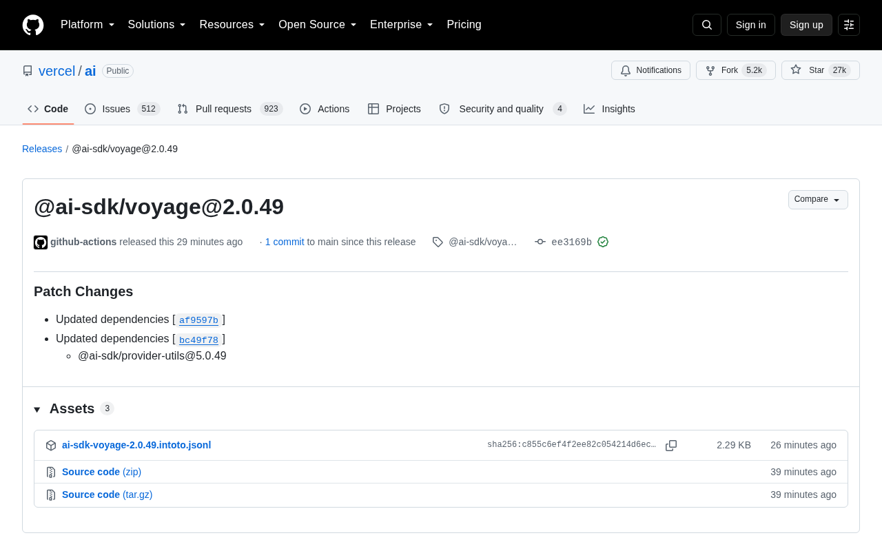 @ai-sdk/voyage 2.0.49 发布:Vercel AI SDK 依赖更新