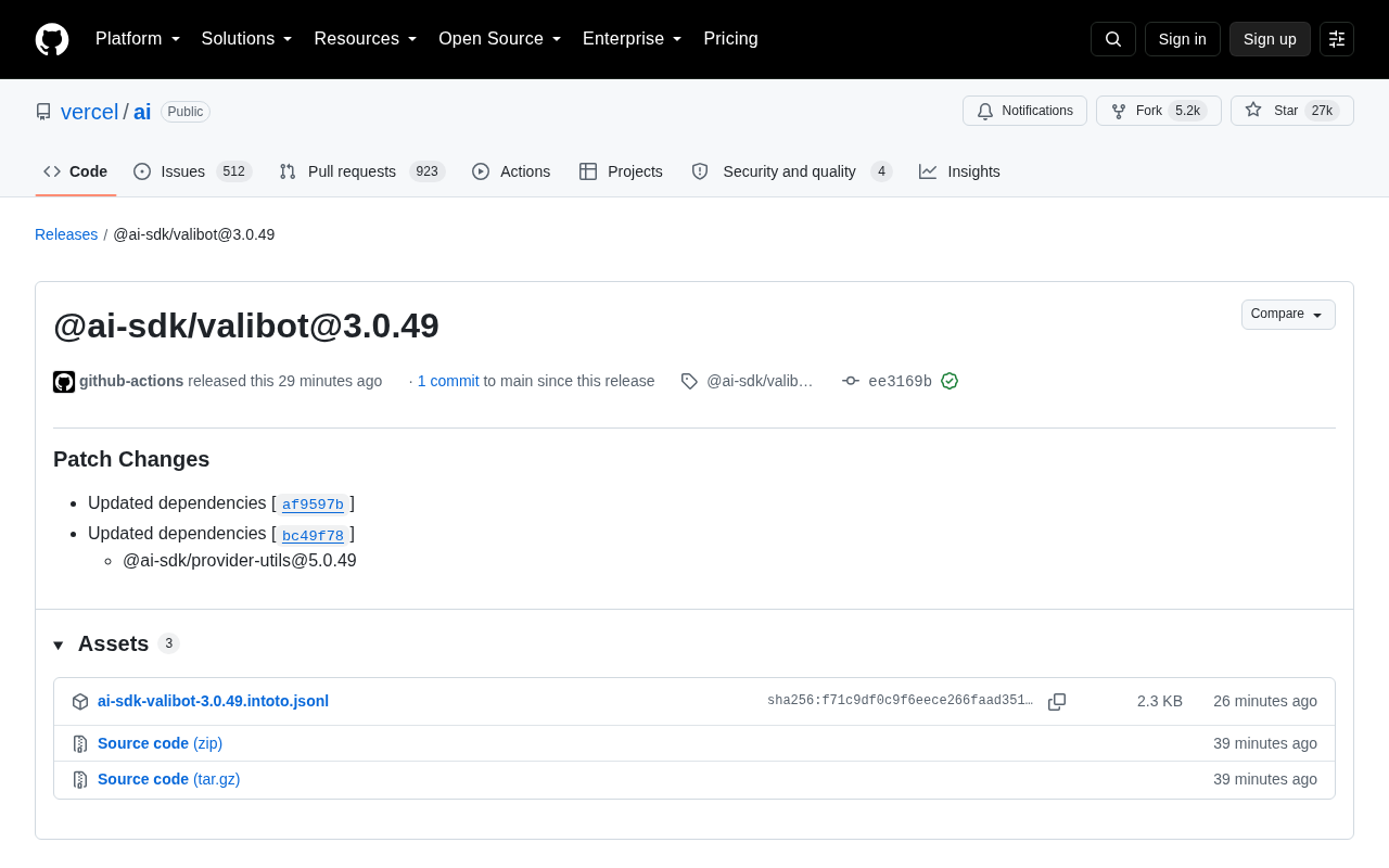 Vercel AI SDK 发布 @ai-sdk/valibot 3.0.49 补丁更新