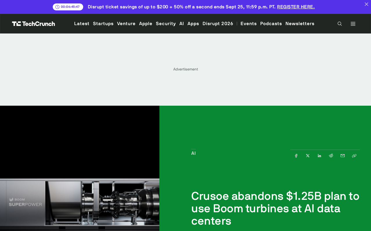 Crusoe Abandons $1.25 Billion Plan to Power AI Data Centers with Boom Supersonic Turbines