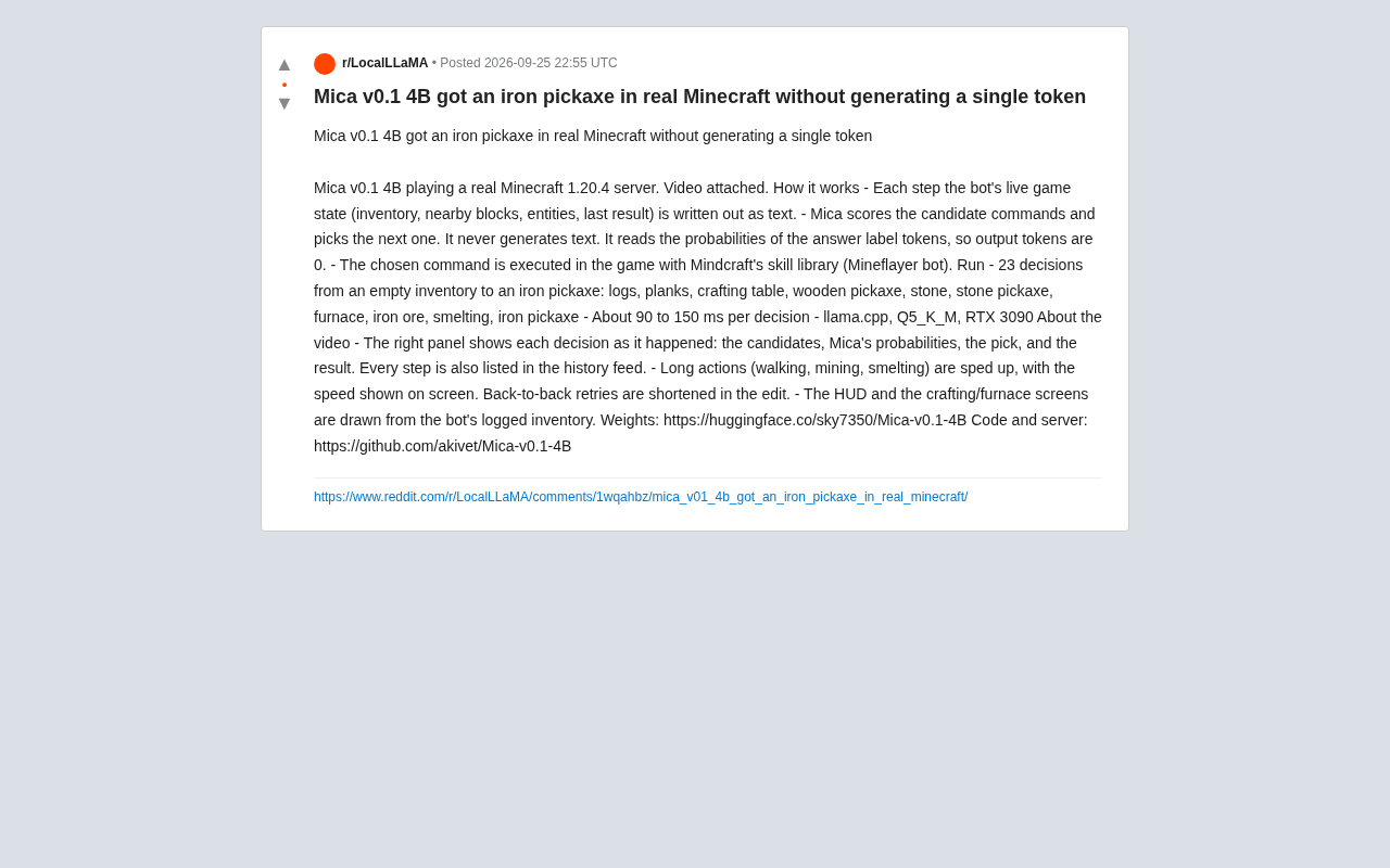 Mica v0.1 4B:不生成一个token,如何在真实Minecraft中造出铁镐