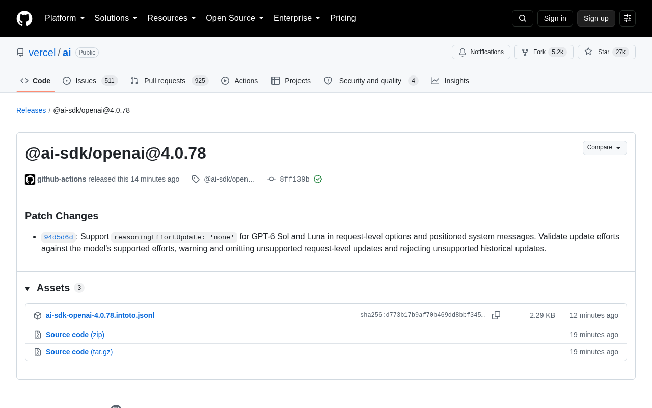 Vercel AI SDK @ai-sdk/openai@4.0.78 Update: What's New