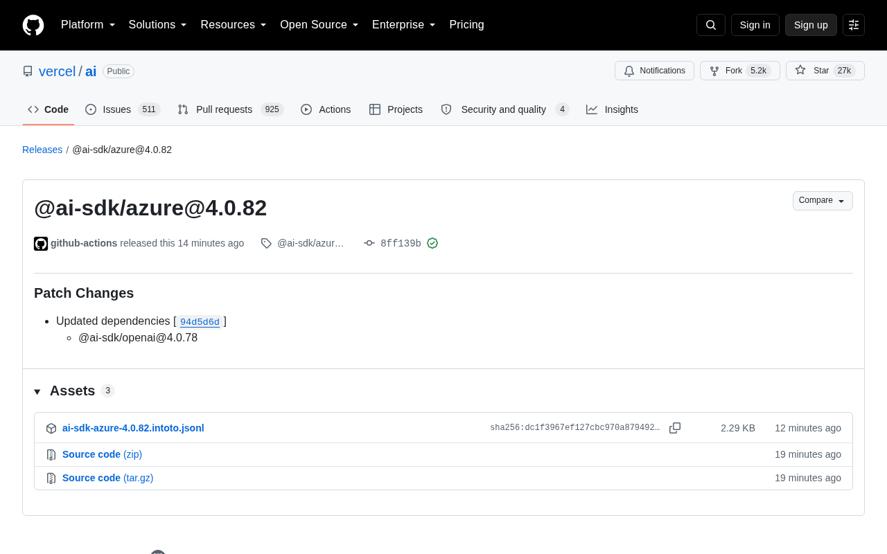 Vercel AI SDK 发布 @ai-sdk/azure 4.0.82 补丁更新