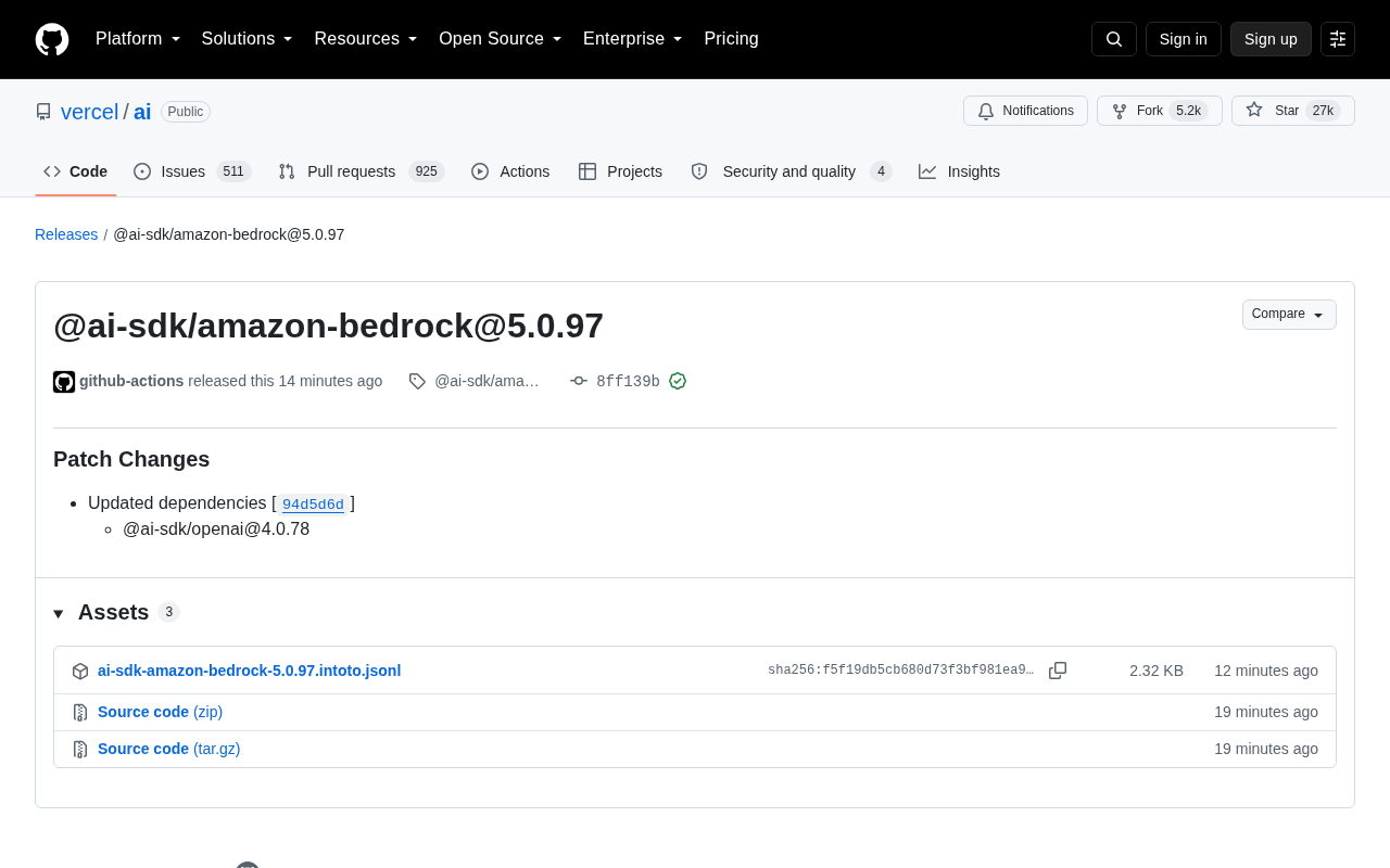Vercel AI SDK Update: Amazon Bedrock 5.0.97 Released