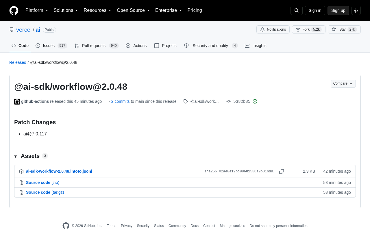 Vercel AI SDK Releases @ai-sdk/workflow 2.0.48 Patch Update