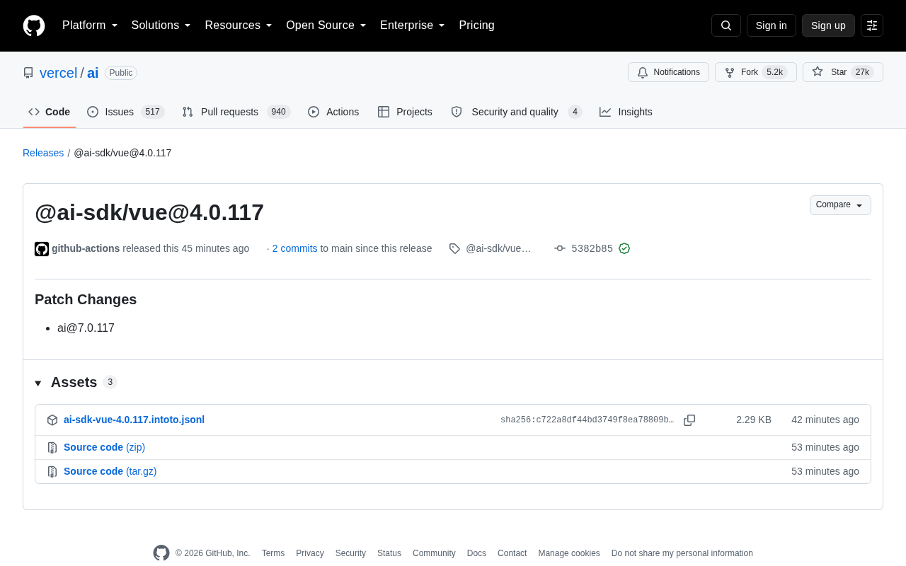 @ai-sdk/vue 4.0.117 发布:Vercel AI SDK 补丁更新解读