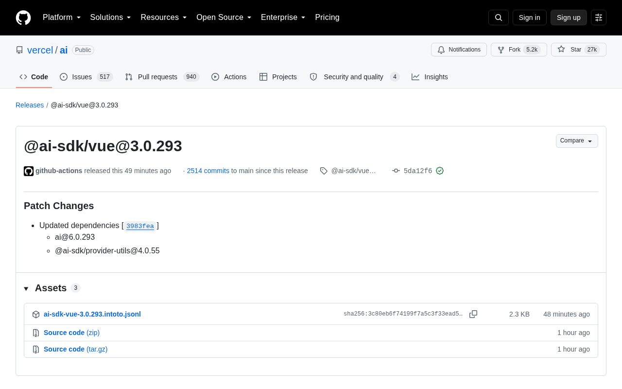 @ai-sdk/vue@3.0.293 发布:Vercel AI SDK 依赖更新解析