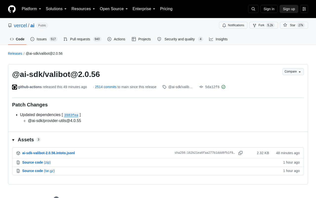 @ai-sdk/valibot 2.0.56 Released: Dependency Update Patch