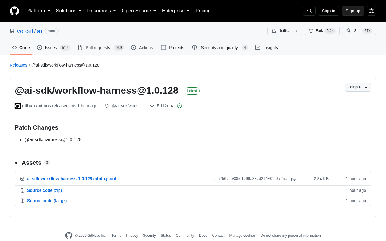 Vercel AI SDK 发布 workflow-harness 1.0.128 版本