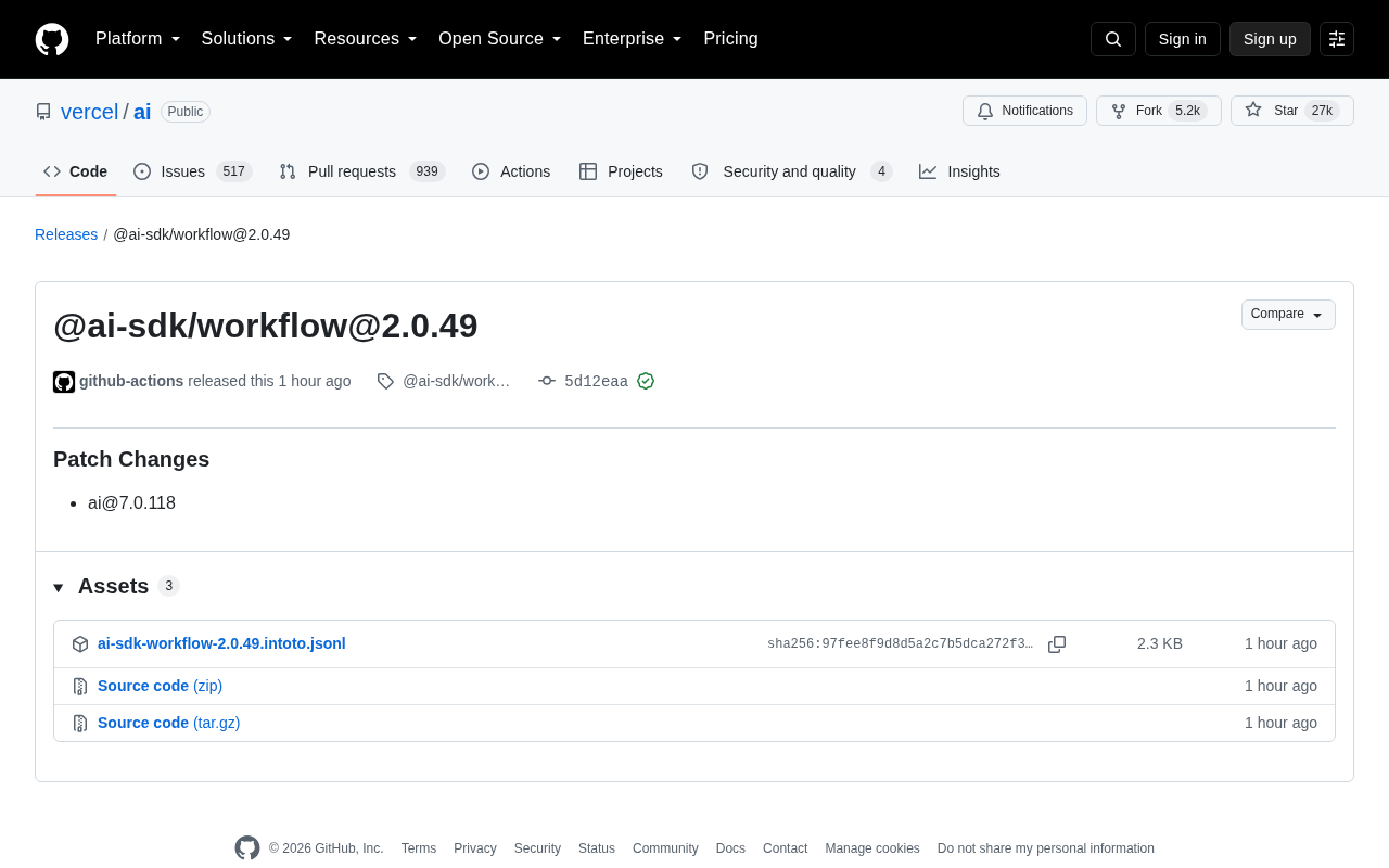 Vercel AI SDK Releases @ai-sdk/workflow 2.0.49 Patch Update