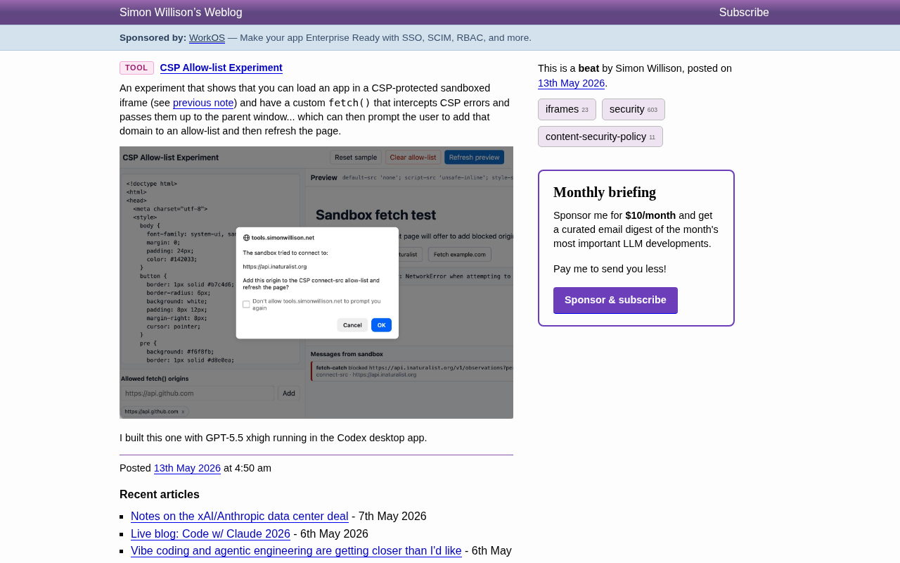 CSP Allow-list Experiment: A New Approach to Dynamic Domain Authorization via Sandboxed iframes