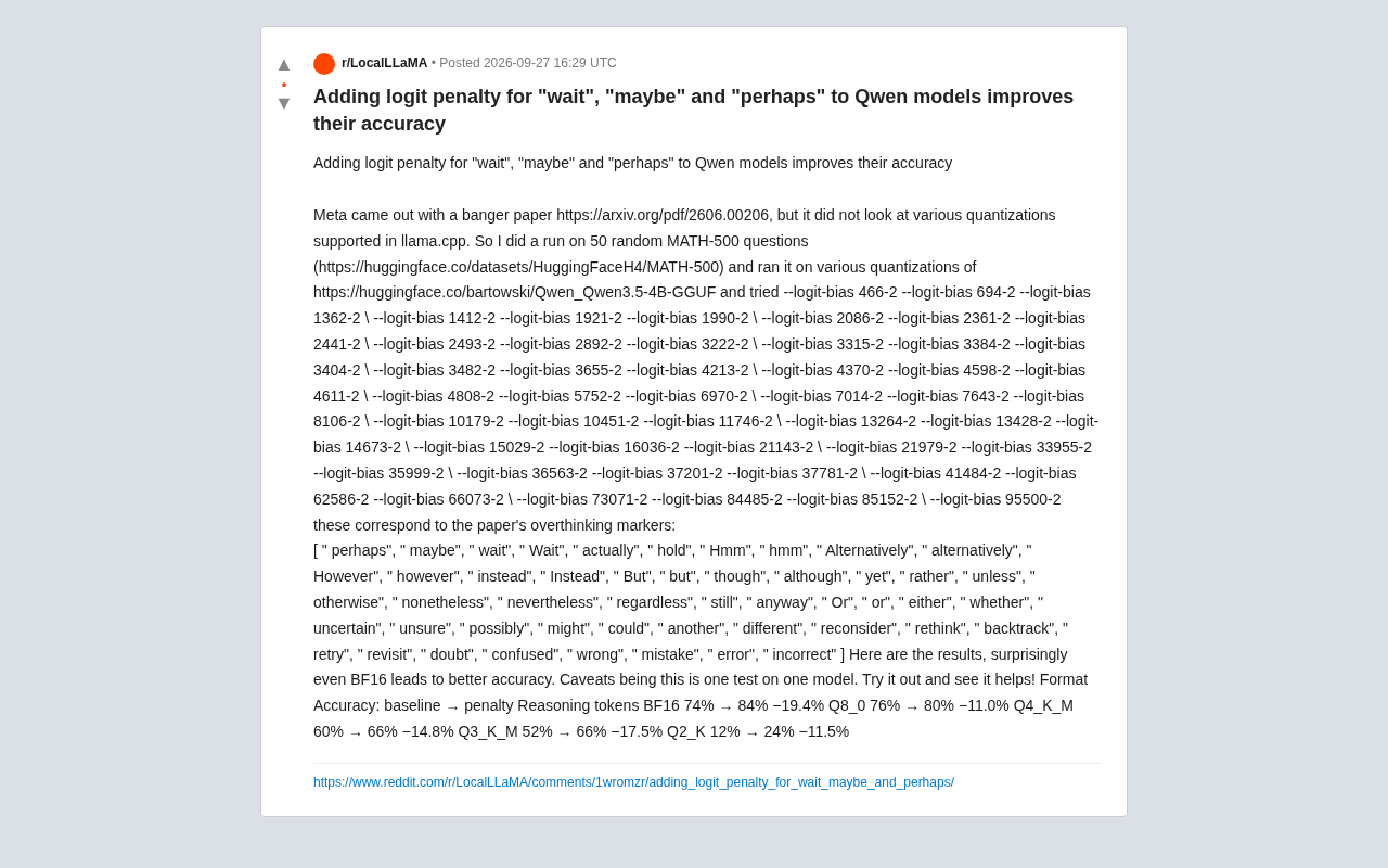 reddit 原帖:为 Qwen 模型添加 logit 惩罚提升准确率