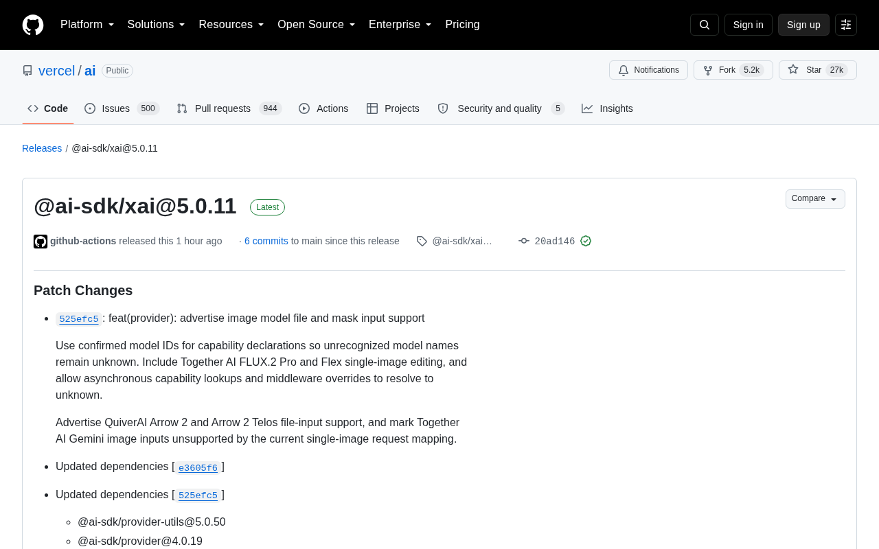 Vercel AI SDK Releases @ai-sdk/xai 5.0.11: Upgraded Image Model Capability Advertising