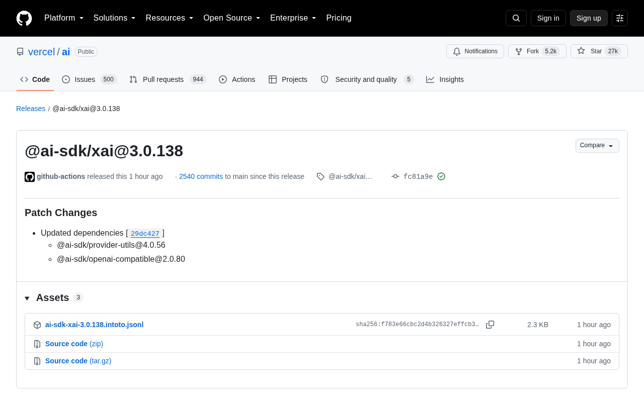 Vercel AI SDK Releases @ai-sdk/xai 3.0.138 Patch Update