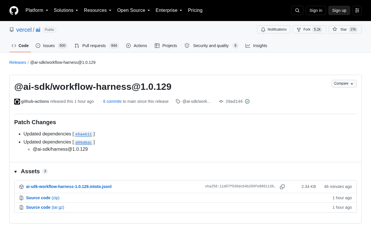 Vercel AI SDK Releases workflow-harness 1.0.129 Patch Update