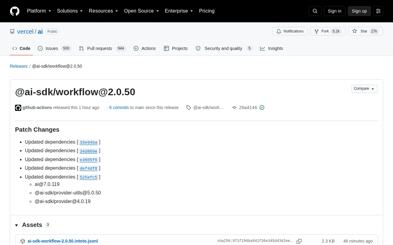 Vercel AI SDK Releases @ai-sdk/workflow@2.0.50 Patch Update