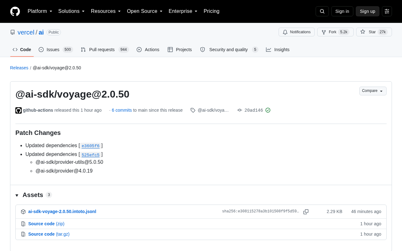 Vercel AI SDK Update: @ai-sdk/voyage 2.0.50 Released