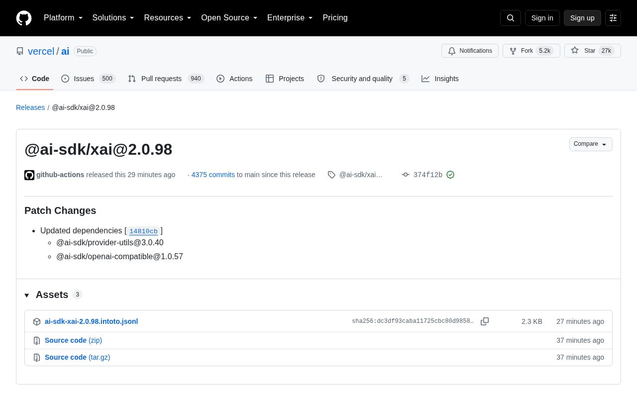 @ai-sdk/xai 2.0.98 Released: Dependency Updates and Patch Fixes
