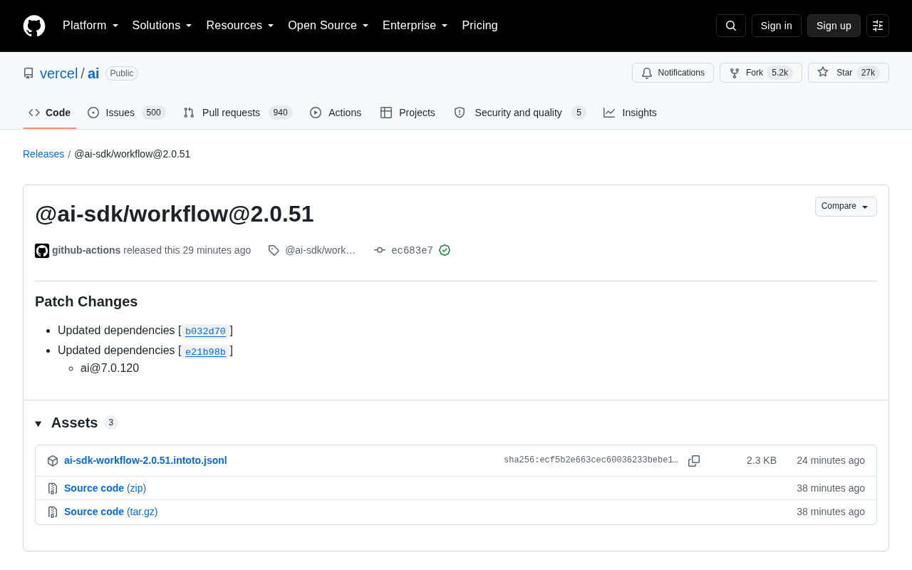 Vercel AI SDK 发布 @ai-sdk/workflow@2.0.51 补丁更新
